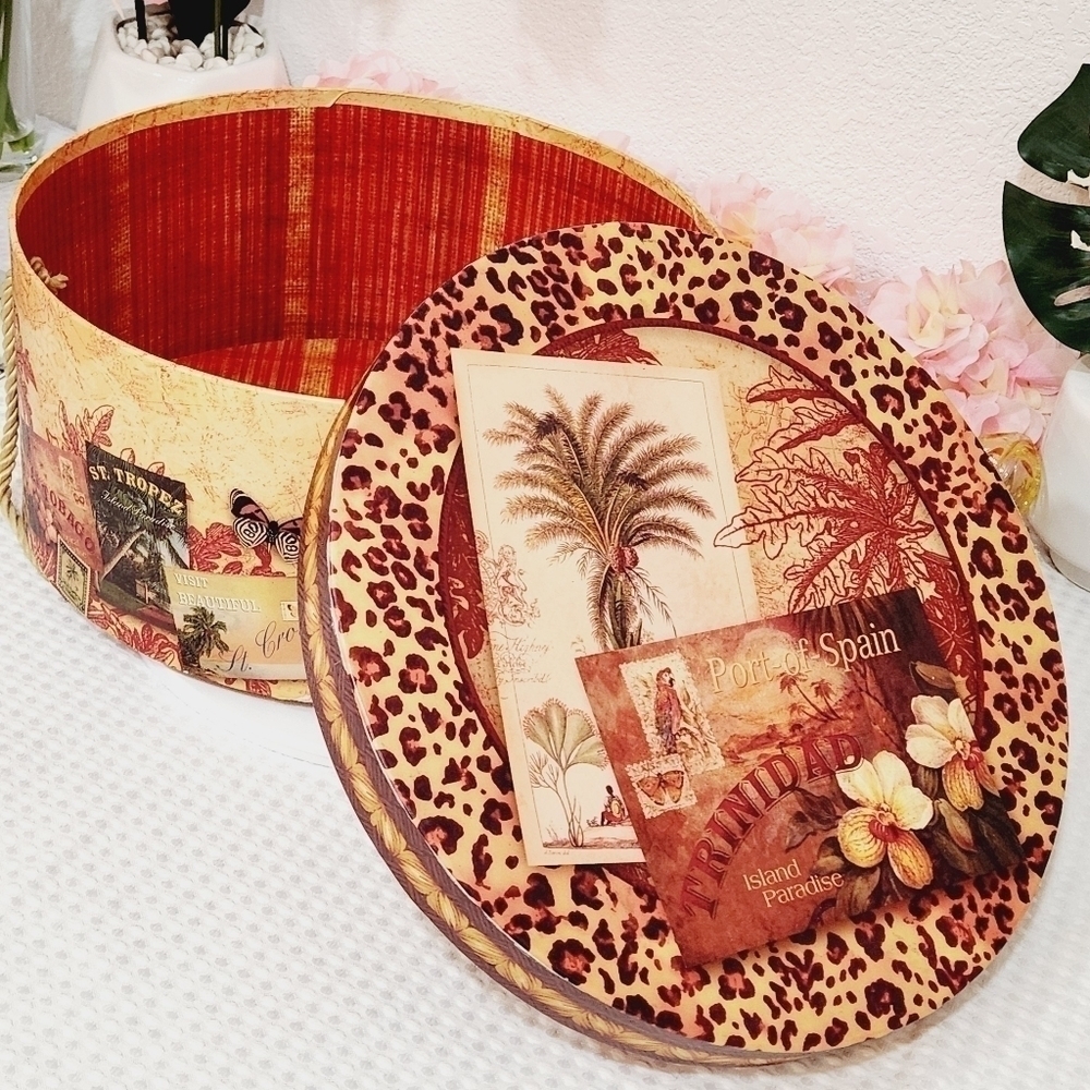 PAMELA Gladding Cheeta/postcard Red Orange Hat Box
